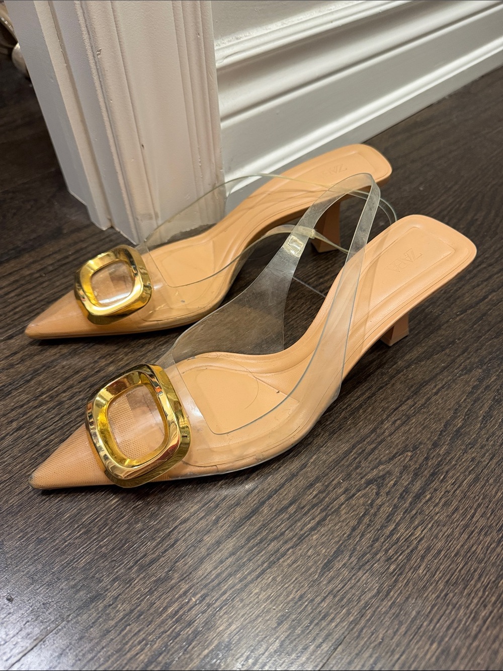 Zara Nude Pointed Slingback Heels with Gold Buckle